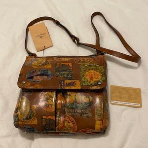 SOLD Patricia Nash Ellson Leather Messenger Crossbody Purse Travel Stickers